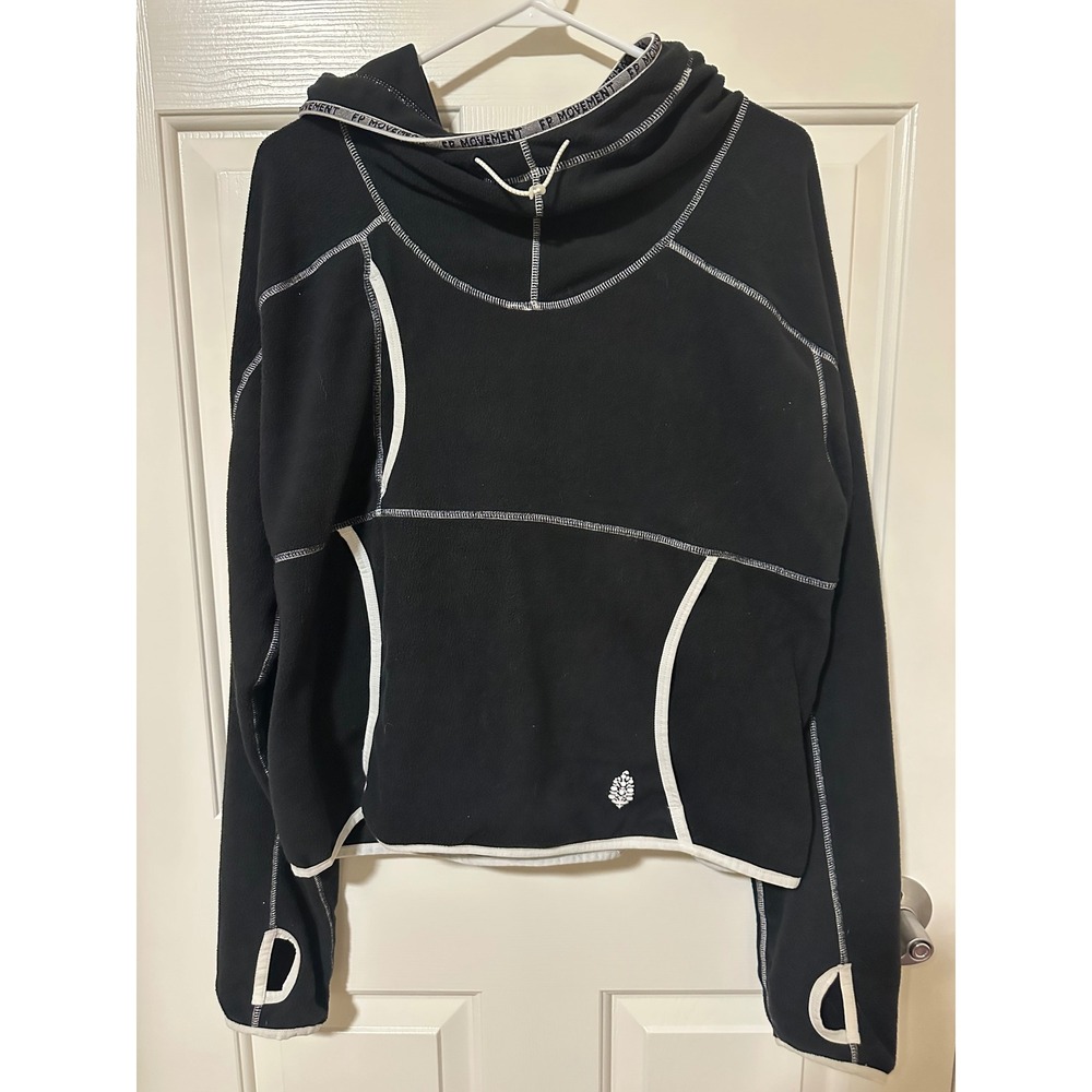 Free People Hoodie Womens L Black FP Movement Fleece Pullover Thumbhole Contrast